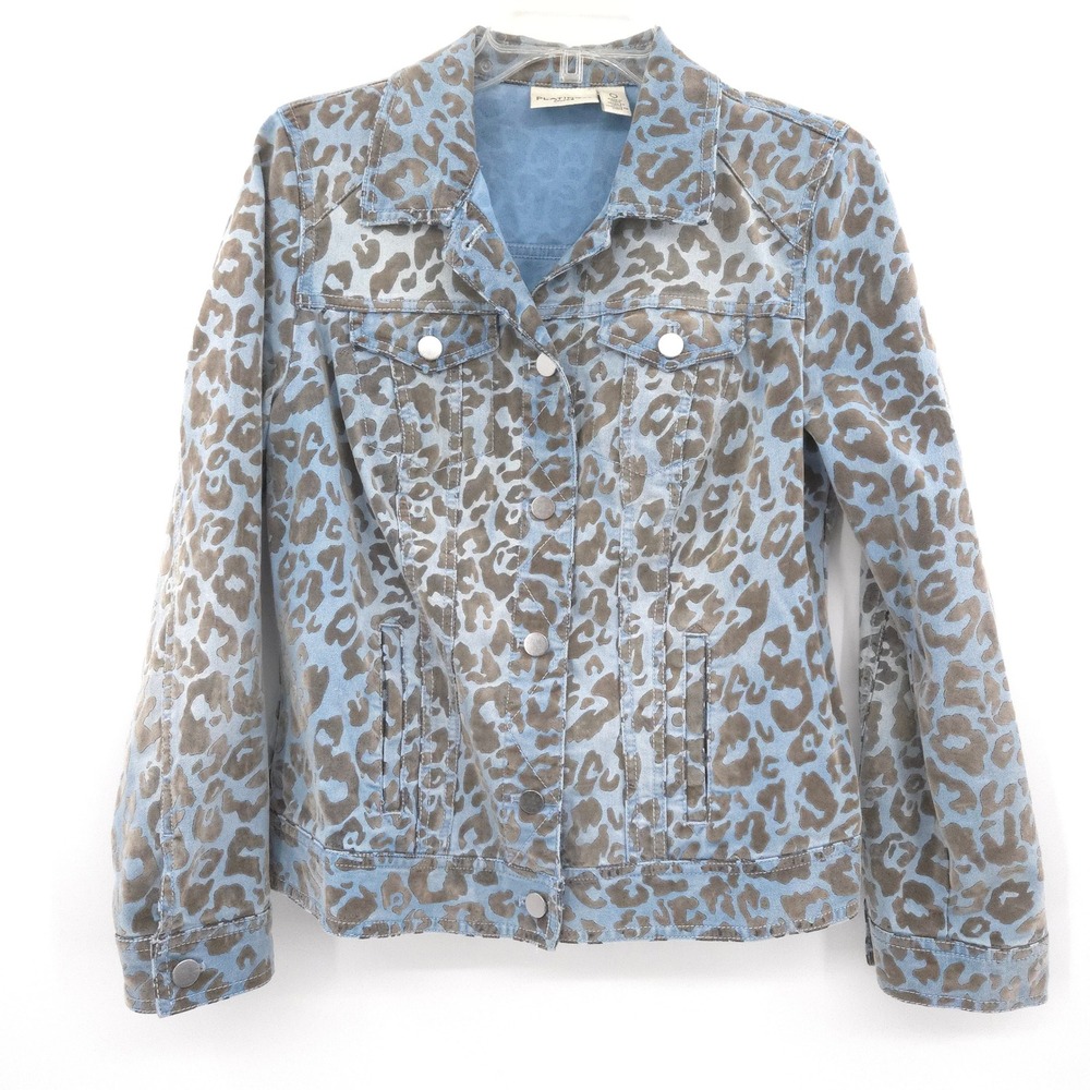 Chico's Platinum denim trucker Jacket Womens 0 Small Blue Grey Flocked Leopard